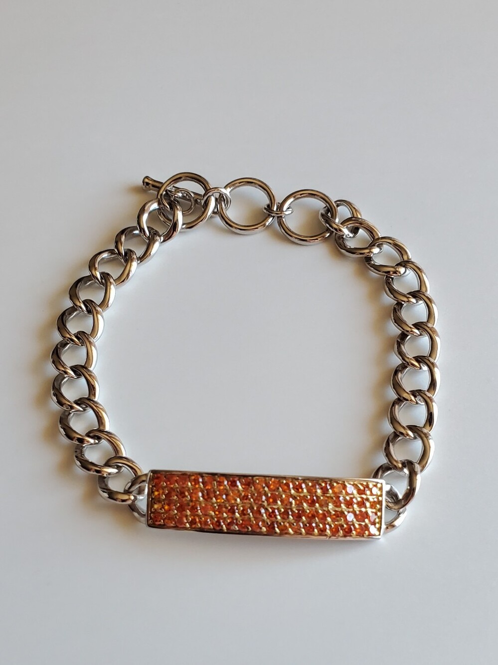 Vtg. Unisex Modernist Natural Citrine Gemstones Sterling Silver Chain Bracelet